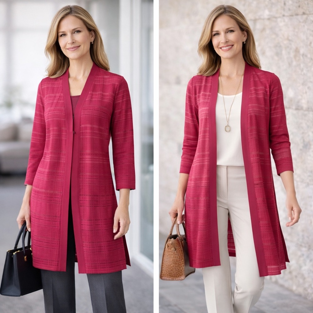 Ming Wang Heritage Fit Pink Tonal Plaid Long Cardigan Sweater S